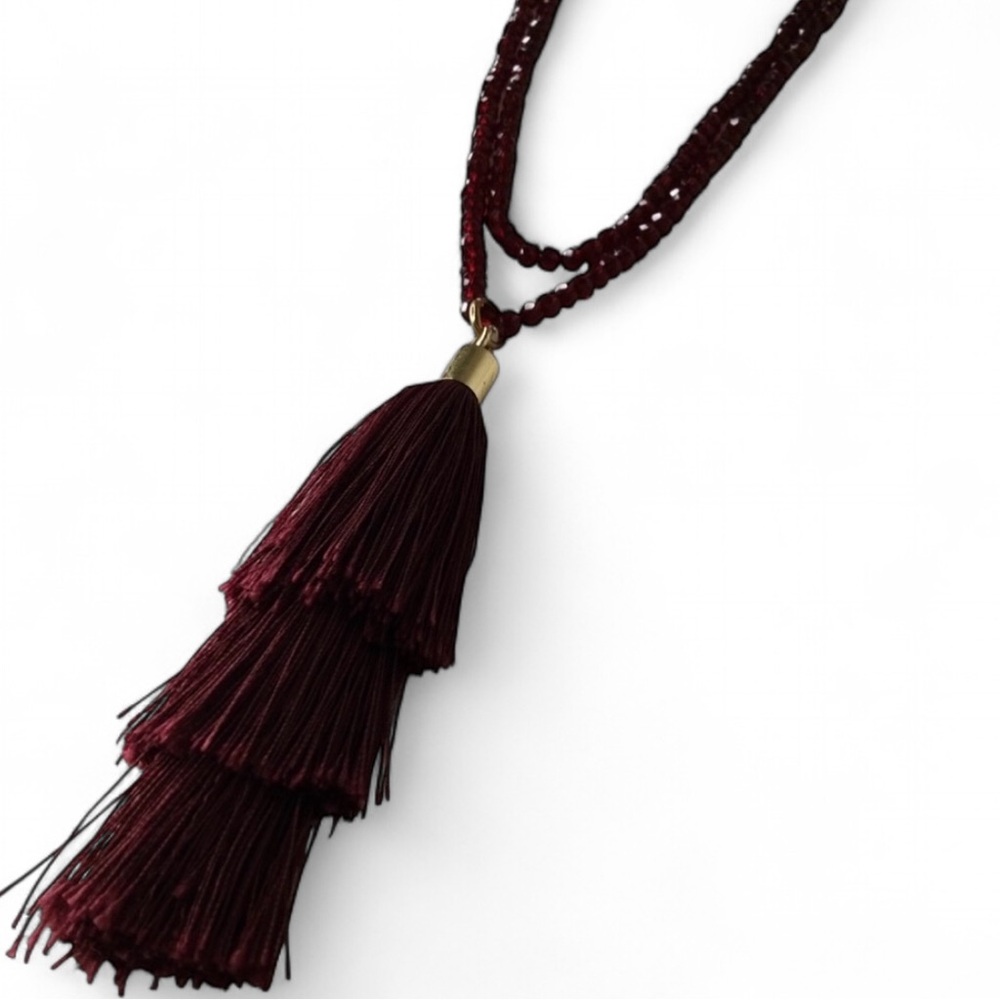 Vintage Garnet Red Sparkly Faceted Crystal Stacked Tassel Necklace – 36" Long - Picture 13 of 15